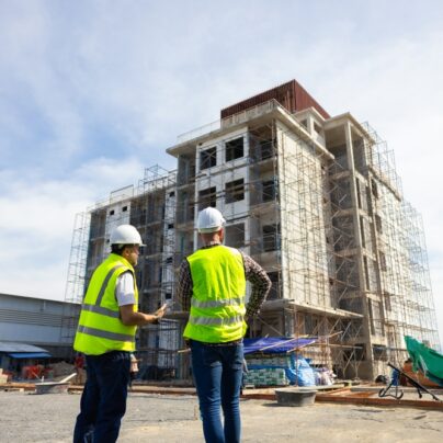 Health and safety managers reviewing plans on a construction site
